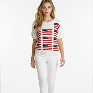 EUC Like new! Marisa Christina short sleeve hand knitted Flag sweater. Adorable